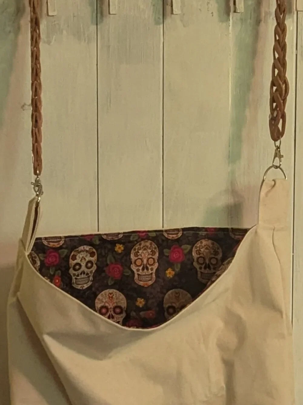 Canvas Tote Bag with Leather strap lined with Suger Skull cotton